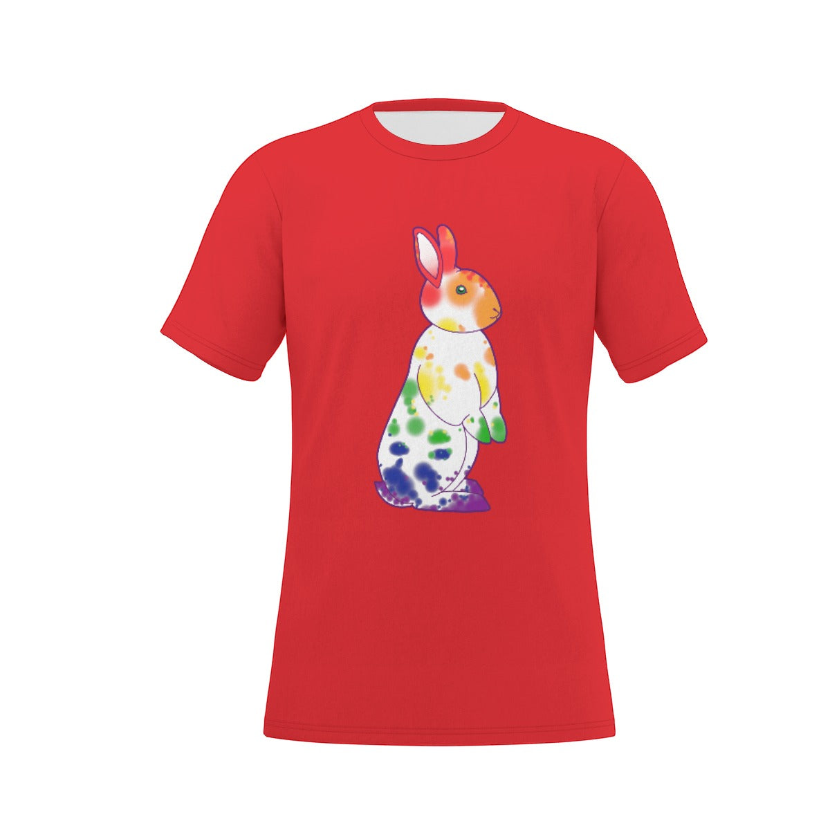 Rainbow Nosy Neighbour Bunny with Red Background Relaxed Fit O-Neck T-Shirt