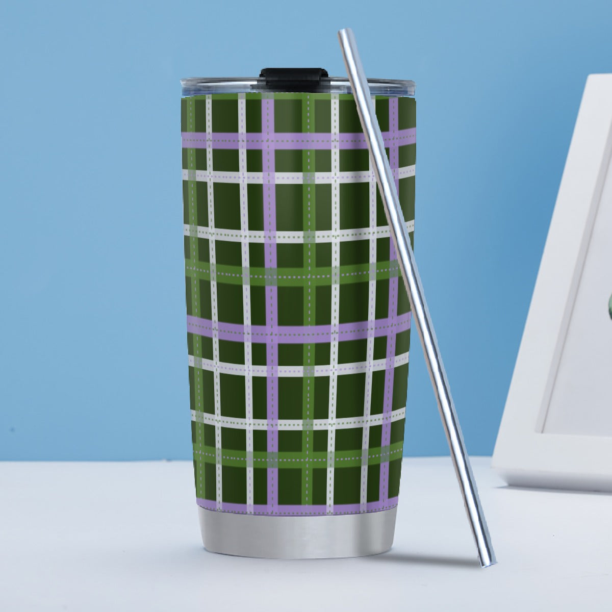 Genderqueer/Forest Tartan Plaid Hot/Cold Tumbler with Steel Straw (20oz )