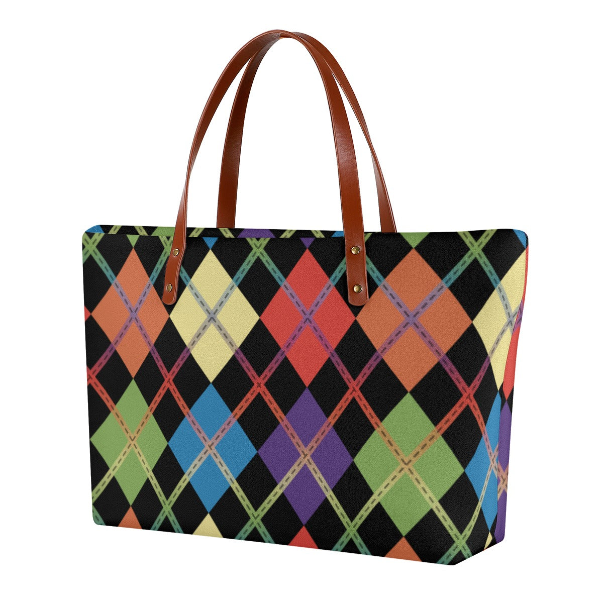 Muted Rainbow/Black Solid Argyle Zippered Neoprene Tote Bag
