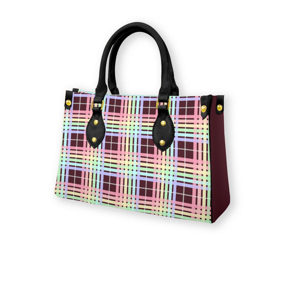 Pastel Rainbow/Deep Maroon Tartan Plaid Tote Bag with Black Handles and Zippered Pockets