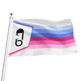 An AB/DL-themed flag with horizontal white, light blue, medium blue, dark pink, light pink, and white stripes, featuring a white canton with a black diaper pin symbol, shown waving on a silver flagpole against a white background.