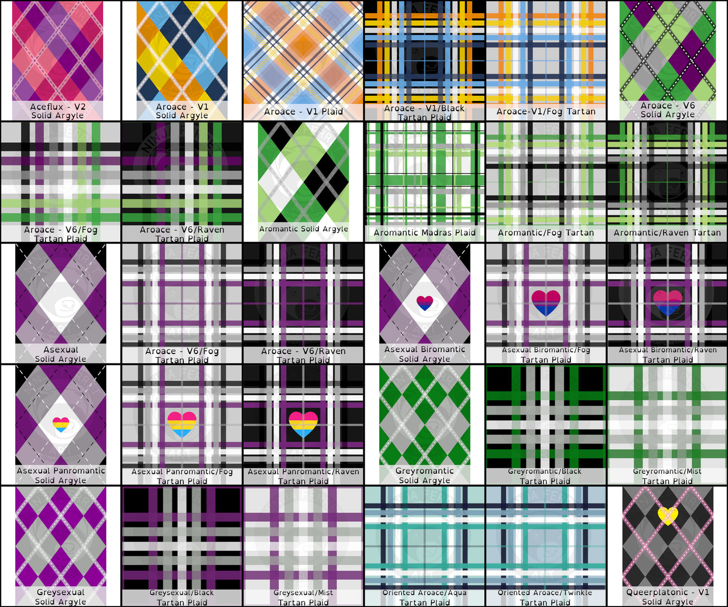6x5 grid showing samples of plaids based on different aroace flags. For more descriptions, feel free to contact us.