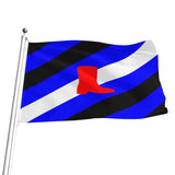 A boot lover flag on a silver pole with diagonal black, white, and blue stripes and a red boot-shaped emblem in the center, shown against a plain white background.