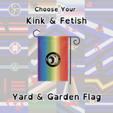 Choose Your Kink and Fetish Wall Flag - text over muted flag grid, with rainbow gradient Ninja Ferret flag in the centre.