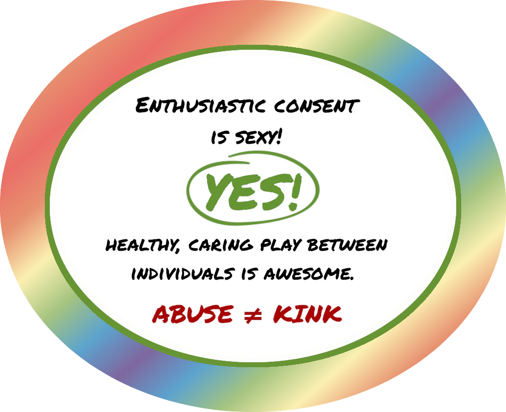 Text inside a white oval, surrounded by a rainbow gradient frame. Top Text: Enthusiastic consent is sexy! Green "Yes!" inside a green circle. Below: Healthy, caring play between individuals is awesome. Bottom text, in red: Abuse ≠ Kink
