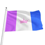 A drag pride flag, a tricolor flag with vertical purple, white, and blue stripes, featuring a pink crown graphic in the center, attached to a silver flagpole on a plain white background.