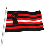 A fisting-themed flag on a silver pole featuring a horizontal black and red stripes with a black raised-fist symbol outlined in red, shown against a plain white background.