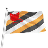 A kitty play themed flag on a silver flagpole featuring diagonal stripes in dark grey, white, and orange, with a red ball of yarn with red ears and tail in the upper left. The flag is shown waving against a plain white background.
