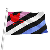 A kitty play flag with diagonal stripes of pink, black, white, and blue, featuring a red ball of yarn with cat ears and tail, shown waving on a silver flagpole against a white background.