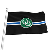 A pony play-themed black flag on a silver flagpole featuring a green oval emblem with interlocking white horseshoes and a horizontal blue and white stripe across the center, shown on a plain white background.