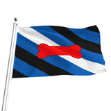 A puppy play-themed flag with diagonal stripes of blue, black, and white, featuring a red bone in the center, mounted on a silver flagpole against a plain white background.