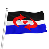 A waving switch pride flag on a silver pole, featuring a black top band, a white middle band, a blue bottom band, a red circular arrow motif, and a small red heart in the center, shown on a plain white background.