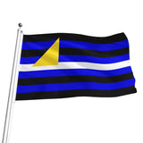 A watersports-thened (aka: golden showers, piss play) flag with horizontal black and blue stripes, a white horizontal stripe, and a yellow triangle at the upper left, attached to a silver flagpole on a plain white background.