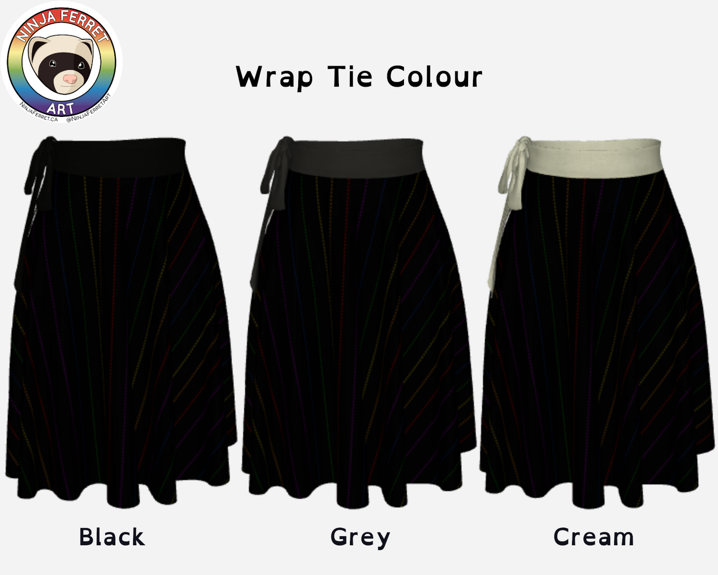 Image showing 3 version s of the wrap skirt, with the 3 tie colours - black, grey, and cream.