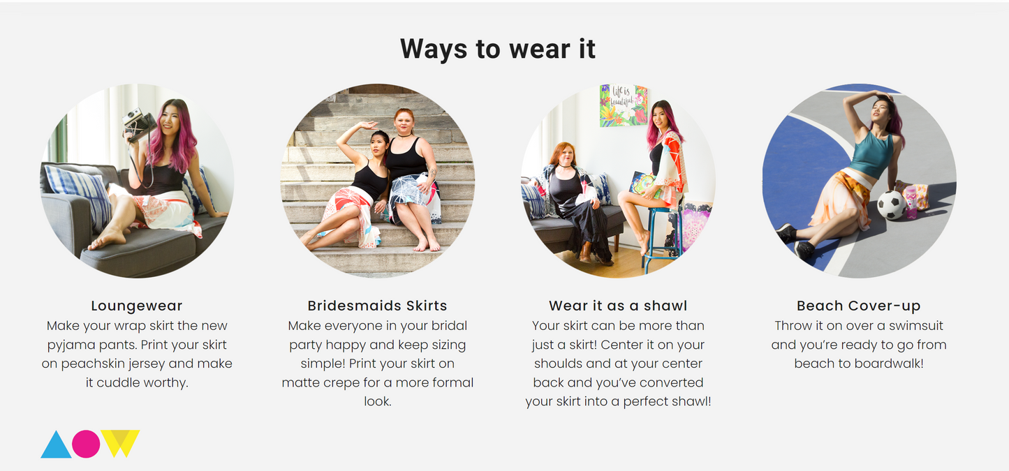 Caption says, "Ways to Wear It"
Below: Loungewear, Bridesmaids Skirts, Wear it as a Shawl, and Beach Cover-up, along with photos and blurbs for each.