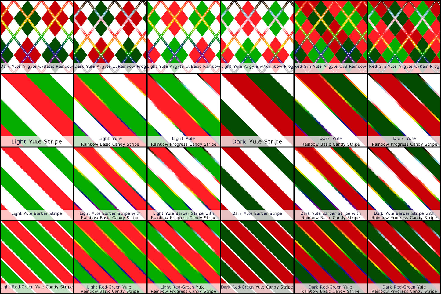 6x5 grid showing samples of plaids and stripes based on Yule/Christmas colours, most with rainbow accents. For more descriptions, feel free to contact us.