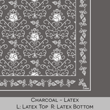 Close-up color swatch of the charcoal grey hanky code bandana with its meaning, 'latex', written below.