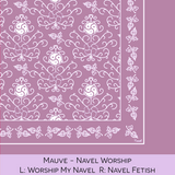 Close-up color swatch of the mauve hanky code bandana with its meaning, 'navel worship', written below.