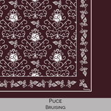 Close-up color swatch of the puce hanky code bandana with its meaning, 'bruising', written below.