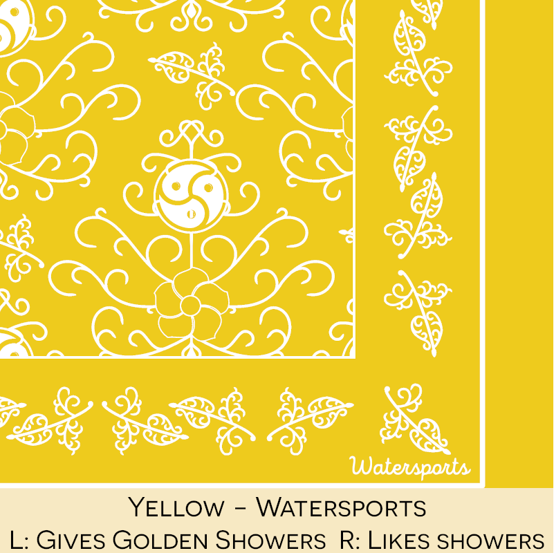 Close-up color swatch of the yellow hanky code bandana with its meaning, 'watersports', written below.