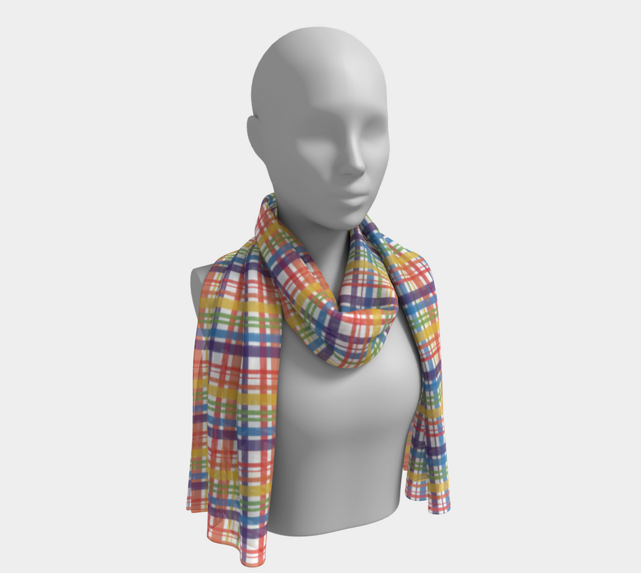 Muted Rainbow and White Plaid Long Scarf