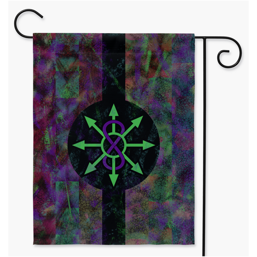 A very wildly coloured and patterned flag,with a (mostly) black horizontal line through the centre, and a round black circle in the centre. Inside the circle is an acid green chaos symbol, intertwined with a purple infinity loop.