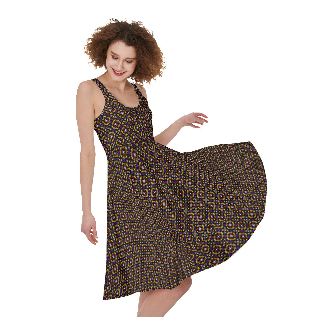 Robe trapèze sans manches à motif de treillis circulaire | Choisissez votre coloris