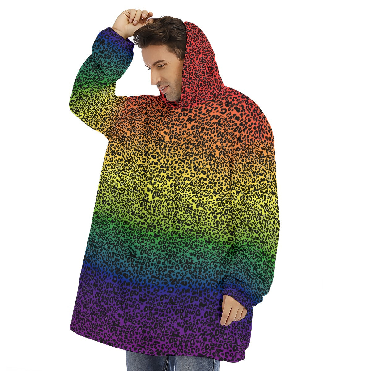 Manta con capucha de forro polar Sherpa unisex con estampado de leopardo | Elige tu combinación de colores