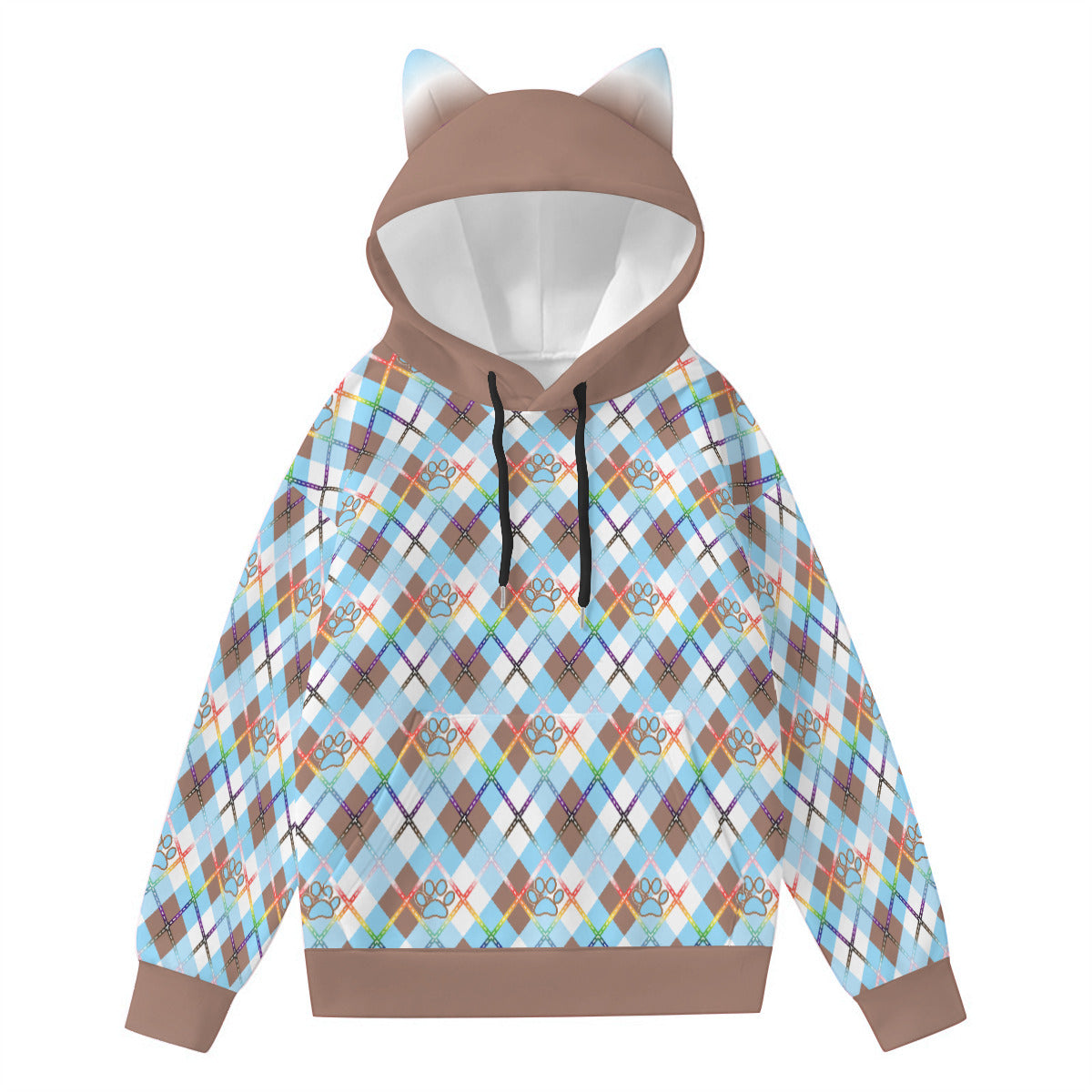 Furry Hoodie With Ears - Argyle with Solid Accents