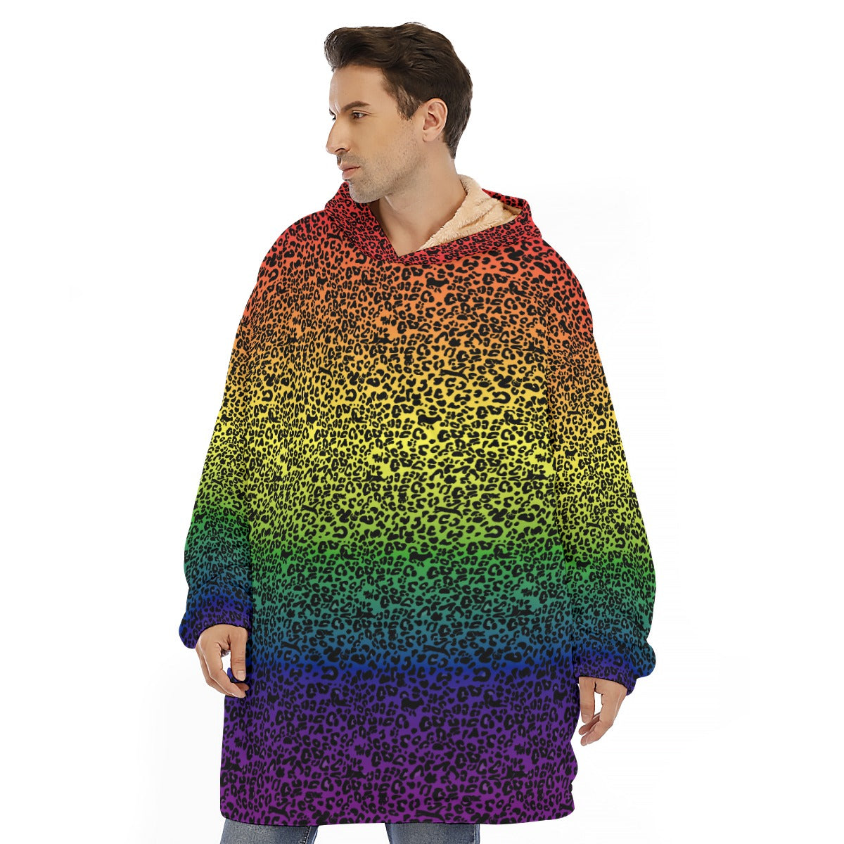 Manta con capucha de forro polar Sherpa unisex con estampado de leopardo | Elige tu combinación de colores