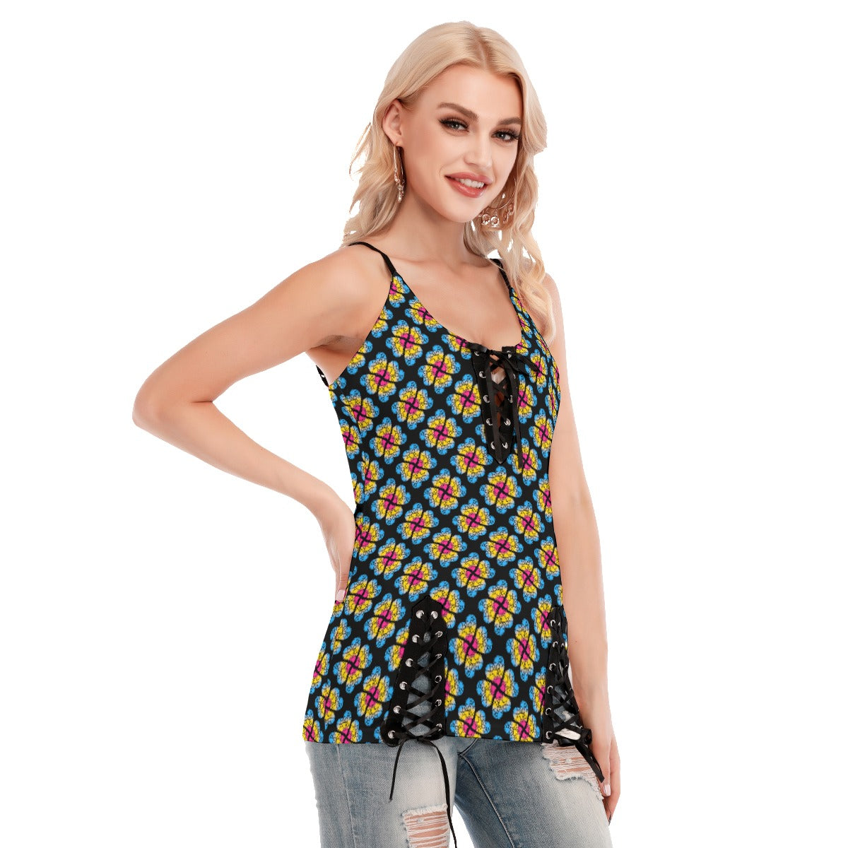 Top de tirantes con cordones y ojales con cuello en V y flores de corazones | Elige tu combinación de colores