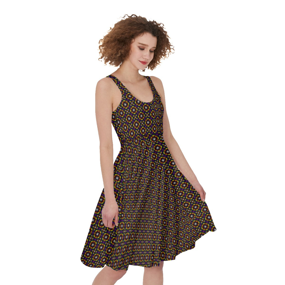 Robe trapèze sans manches à motif de treillis circulaire | Choisissez votre coloris