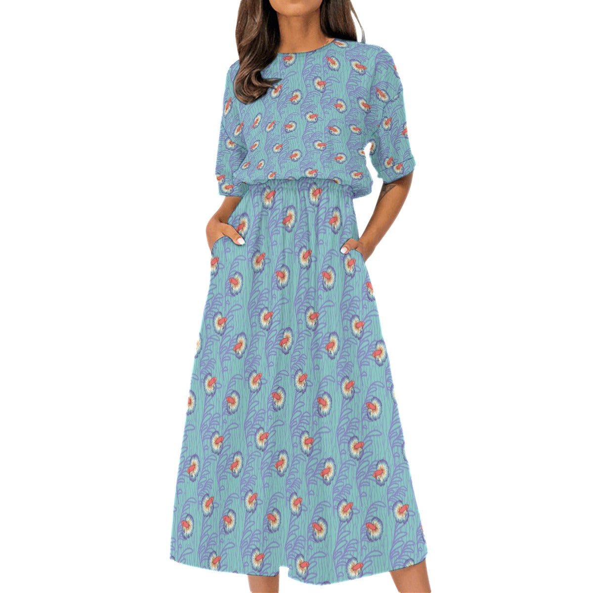 Betta and Seaweed Pattern Elastic Waist Dress with Pockets | Choose Your Colourway ninjaferretart
