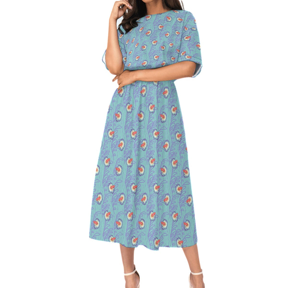 Betta and Seaweed Pattern Elastic Waist Dress with Pockets | Choose Your Colourway ninjaferretart