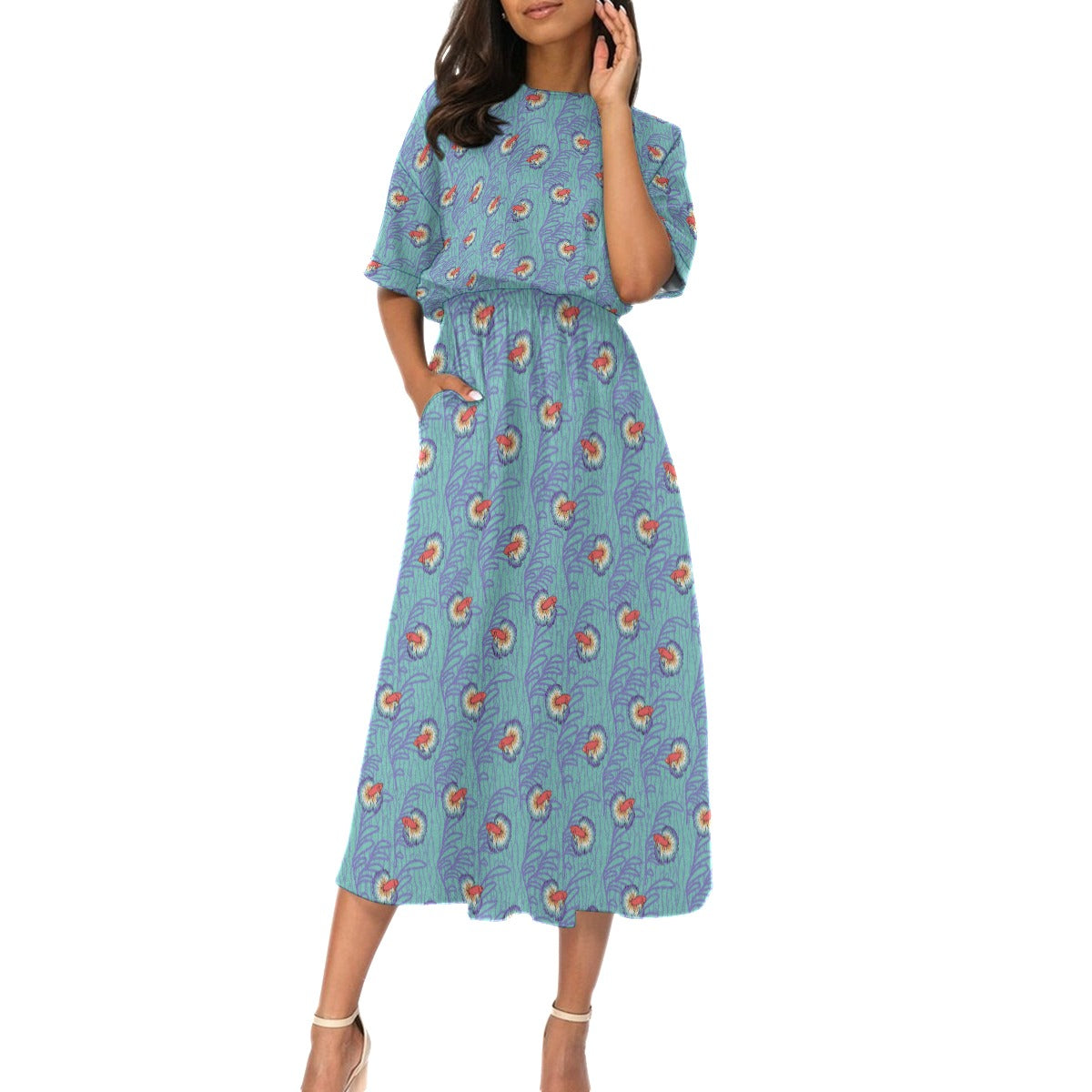 Betta and Seaweed Pattern Elastic Waist Dress with Pockets | Choose Your Colourway ninjaferretart