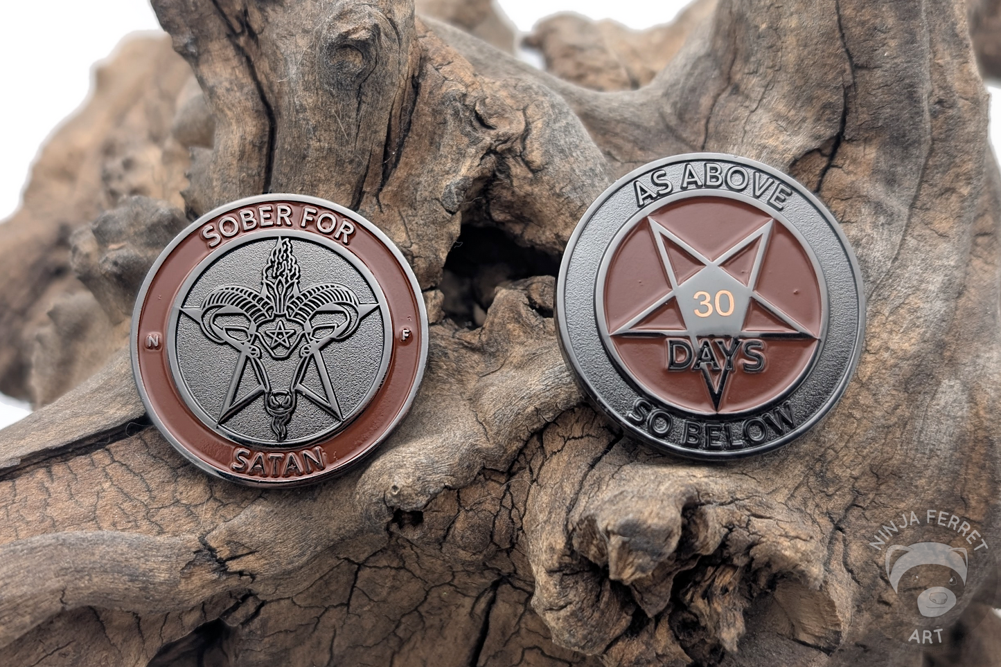 Sober for Satan | Non-Theistic Recovery Tokens | Soft Enamel and Black Metal