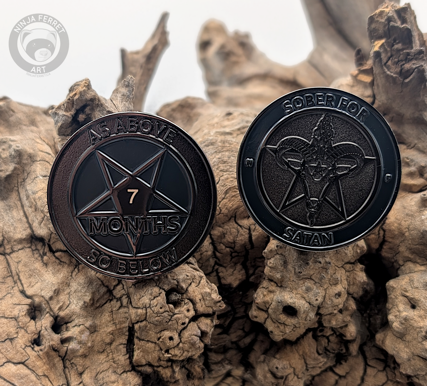 Sober for Satan | Non-Theistic Recovery Tokens | Soft Enamel and Black Metal