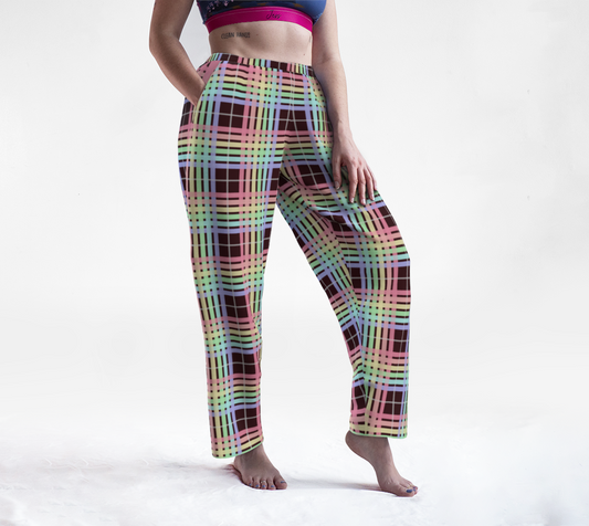 Pastel Rainbow/Deep Maroon Tartan Plaid Lounge Pants