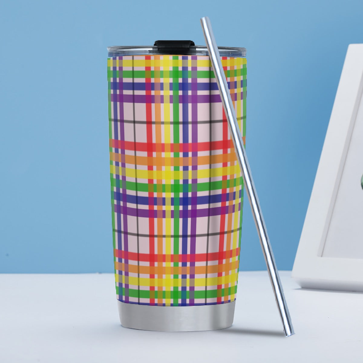 Rainbow/Tartlet Tartan Plaid Hot/Cold Tumbler with Steel Straw (20oz )