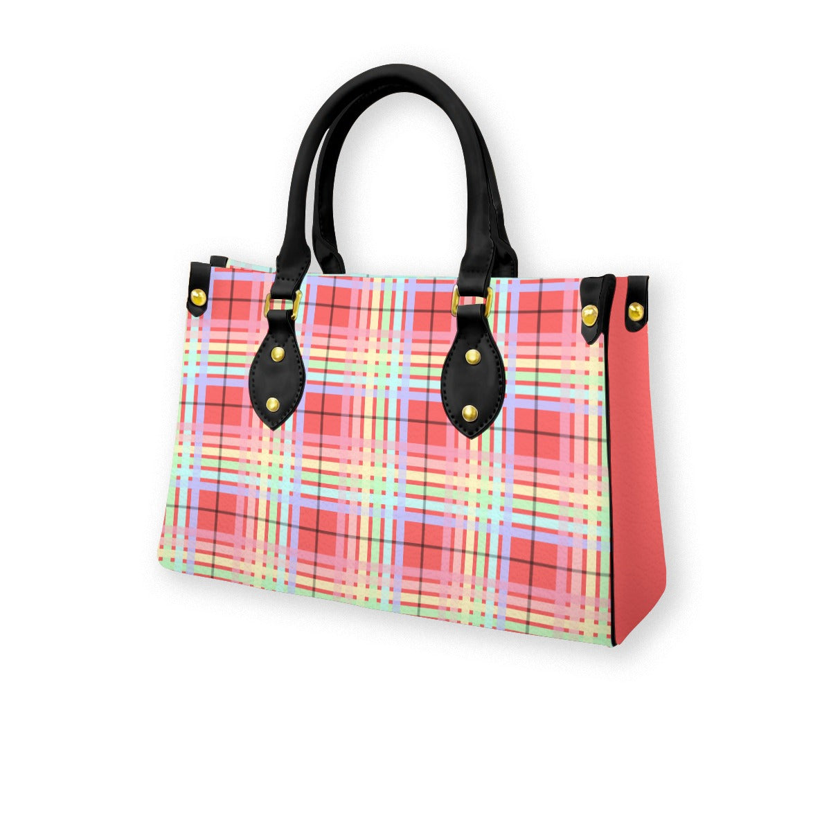 Pastel Rainbow/Rich Salmon Tartan Plaid Tote Bag with Black Handles and Zippered Pockets