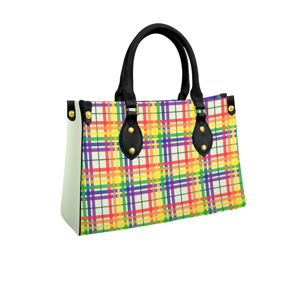 Rainbow/Celadon Tartan Plaid Tote Bag with Black Handles and Zippered Pockets