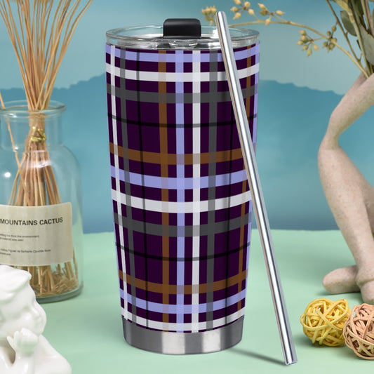 Gender Apathetic/Aubergine Tartan Plaid Hot/Cold Tumbler with Steel Straw (20oz )