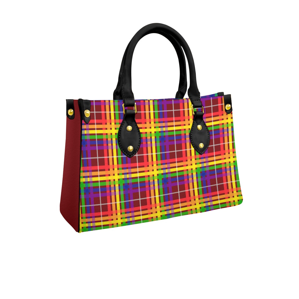 Rainbow/Japanese Maple Tartan Plaid Tote Bag with Black Handles and Zippered Pockets