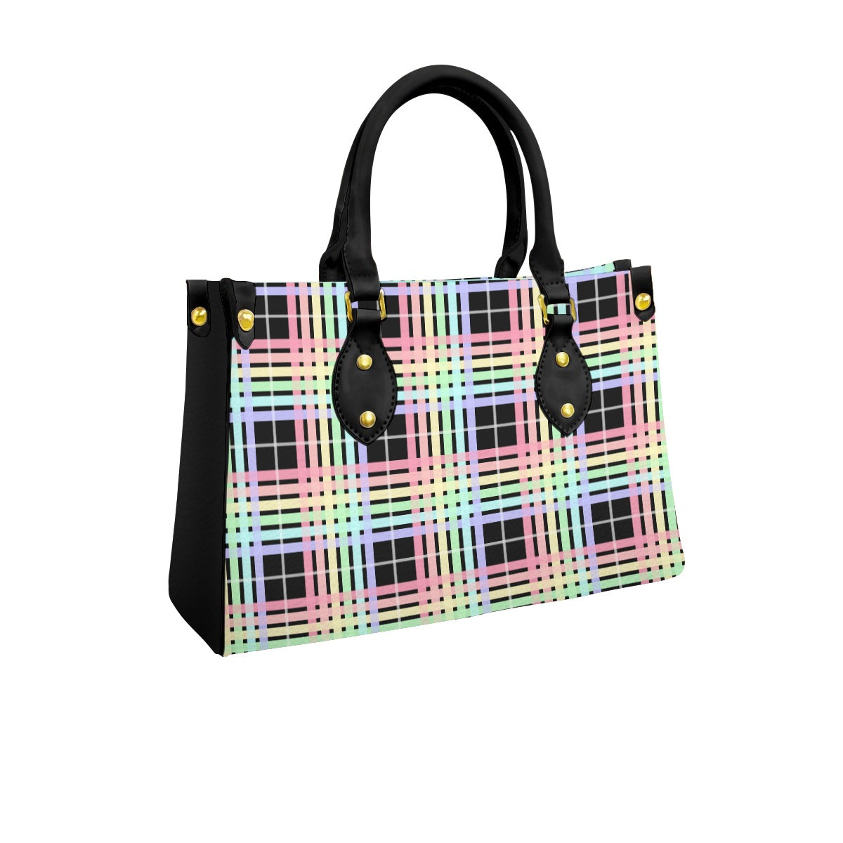 Pastel Rainbow/Black Tartan Plaid Tote Bag with Black Handles and Zippered Pockets