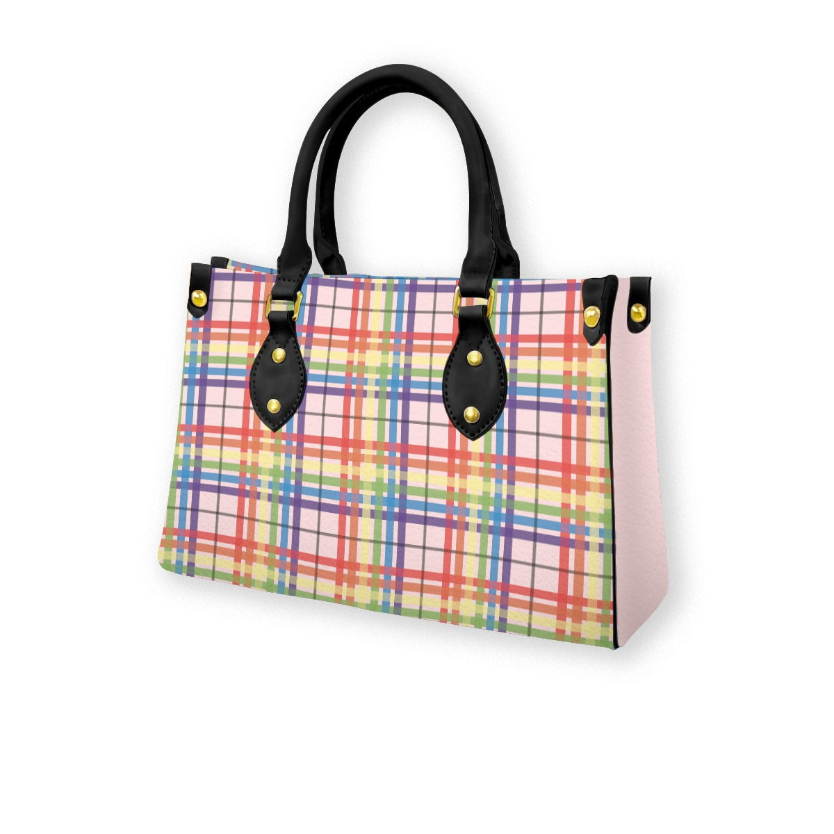 Muted Rainbow/Tartlet Tartan Plaid Tote Bag with Black Handles and Zippered Pockets