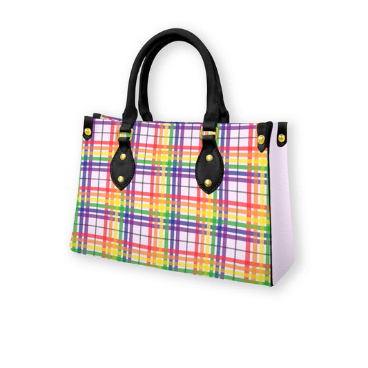 Rainbow/Lavender Tartan Plaid Tote Bag with Black Handles and Zippered Pockets