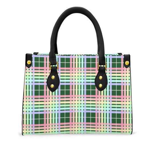 Pastel Rainbow/Pine Tartan Plaid Tote Bag with Black Handles and Zippered Pockets