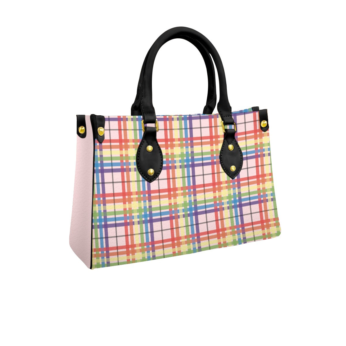 Muted Rainbow/Tartlet Tartan Plaid Tote Bag with Black Handles and Zippered Pockets