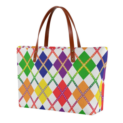 Rainbow/White Solid Argyle Zippered Neoprene Tote Bag