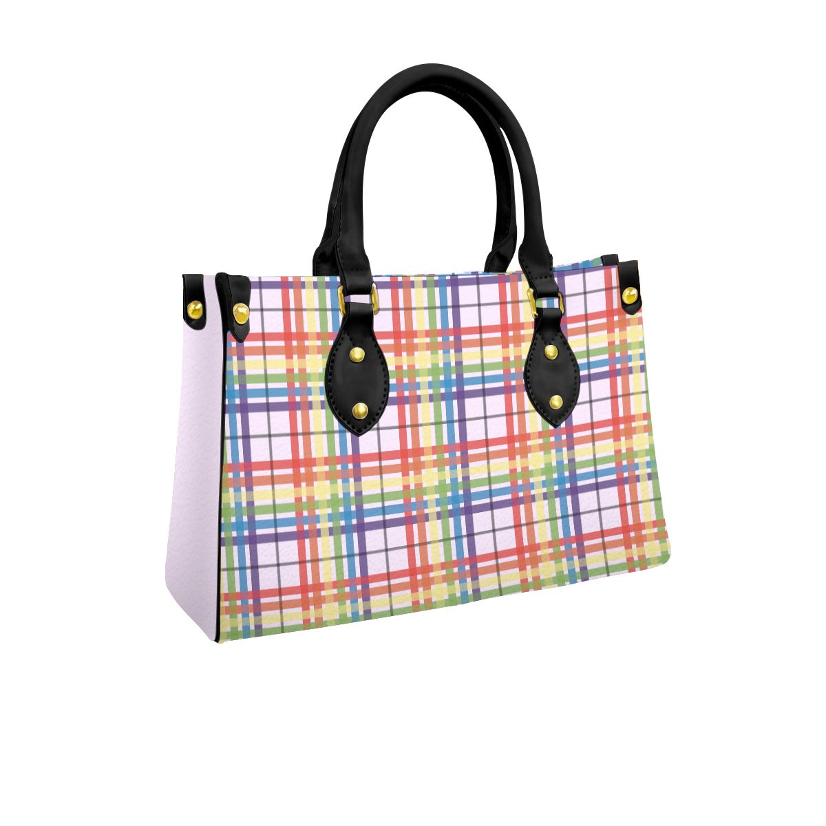 Muted Rainbow/Lavender Tartan Plaid Tote Bag with Black Handles and Zippered Pockets